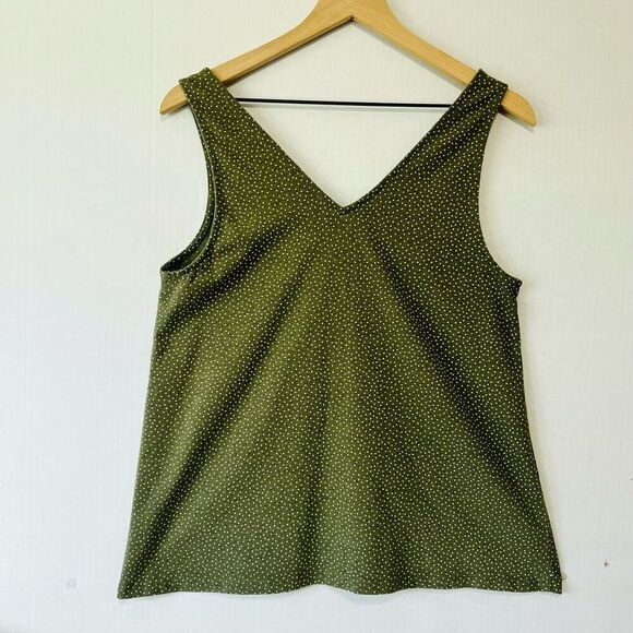 LOFT Outlet Olive Green With White Polka Dots Sleeveless Top   Sz L - Picture 2 of 5